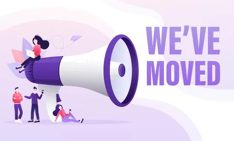 Template with we have moved man holding megaphone on white background for flyer 스톡 일러스트