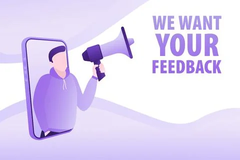 Template with we want your feedback man holding megaphone on red background for イラスト素材