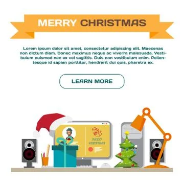 Template webpage about Christmas. Workplace interior vector flat style illust Stock Illustration
