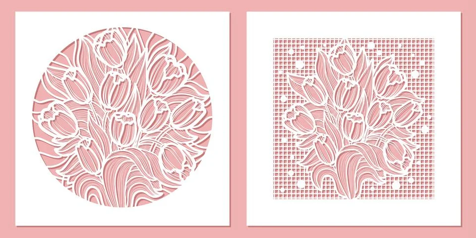 Templates for laser cutting. Two mockups of envelopes with flowers. Vector Stock Illustration