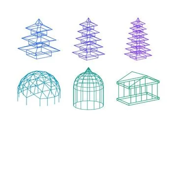 Temple and dome collection wireframe cool angled view architecture 3d icon set Illustrazione stock