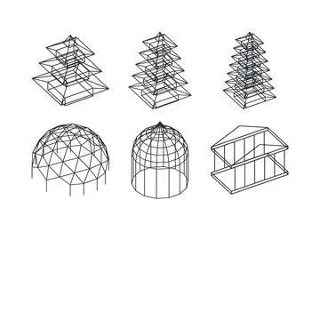 Temple and dome collection wireframe blueprint aerial view architecture 3d icon Stock Illustration