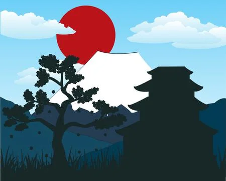 Temple and tree sakura on background of the vulcan Stock Illustration