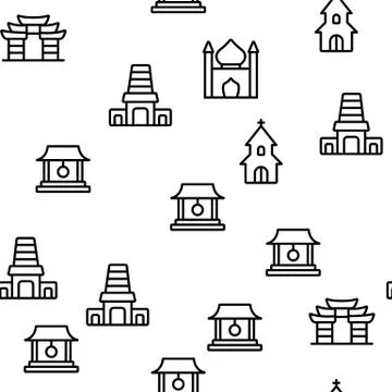 Temple Architecture Building Vector Seamless Pattern Stock Illustration
