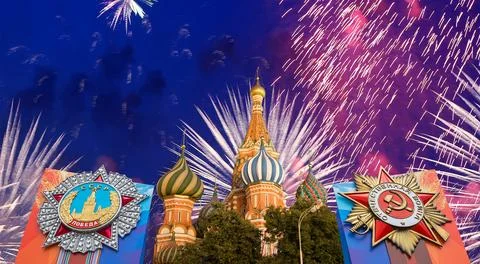 Temple of Basil the Blessed with orders and fireworks-- Victory Day,Moscow Stock Photos