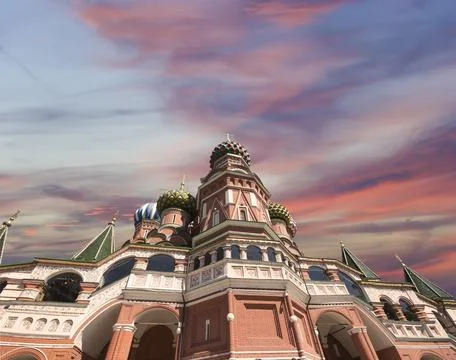 Temple of Basil the Blessed, Red Square, Moscow, Russia. Against the sunset Stock Photos