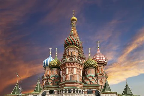 Temple of Basil the Blessed, Red Square, Moscow, Russia. Against the sunset Stock Photos