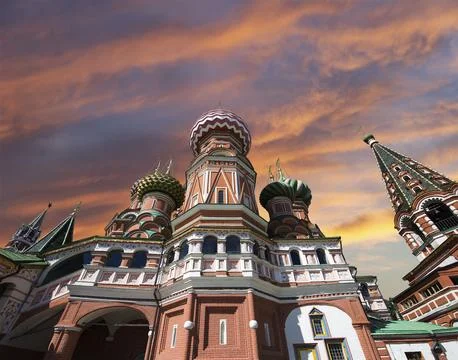 Temple of Basil the Blessed, Red Square, Moscow, Russia. Against the sunset Stock Photos