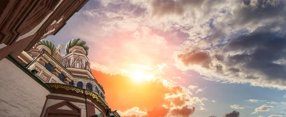 Temple of Basil the Blessed, Red Square, Moscow, Russia. Against the sunset Stock Photos