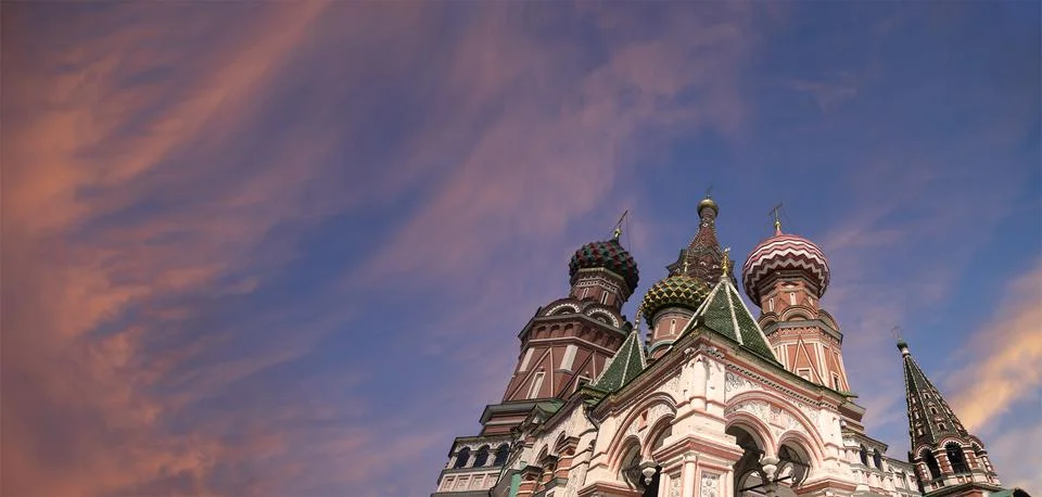 Temple of Basil the Blessed, Red Square, Moscow, Russia. Against the sunset Stock Photos