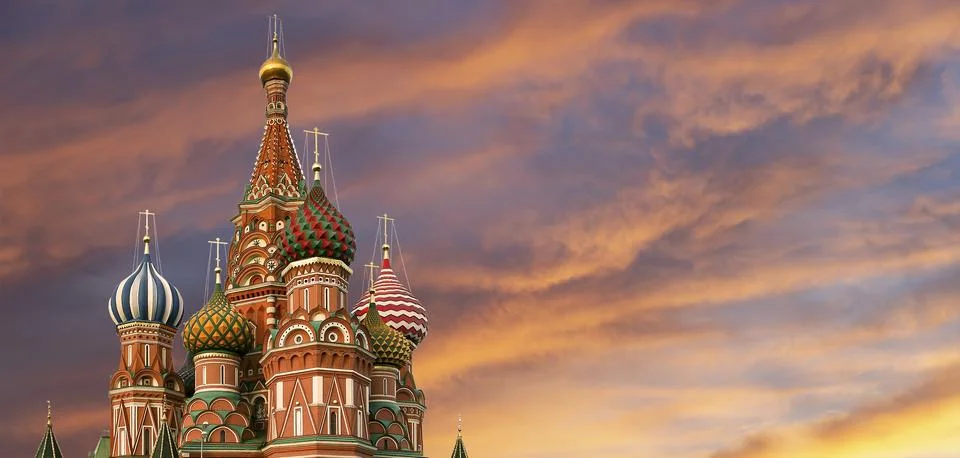 Temple of Basil the Blessed, Red Square, Moscow, Russia. Against the sunset Stock Photos