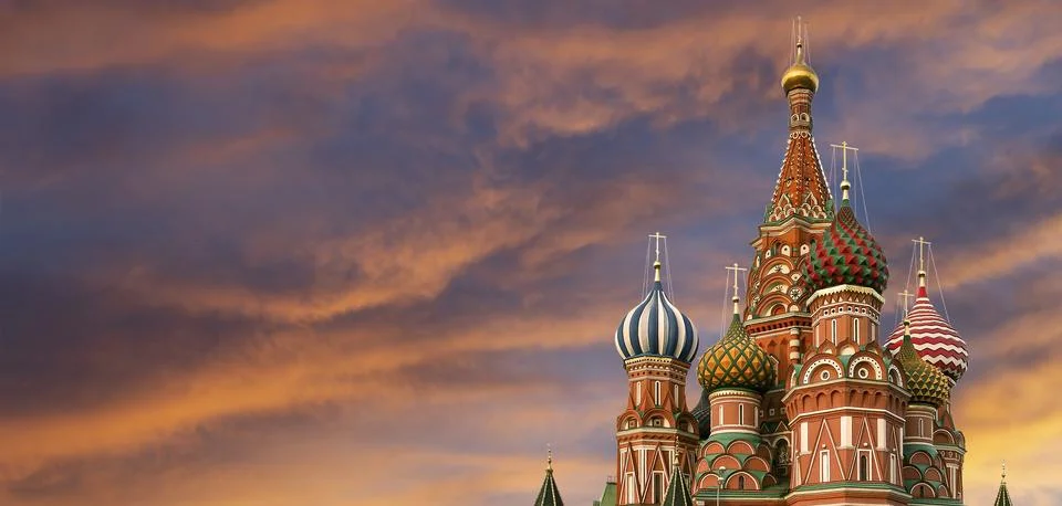 Temple of Basil the Blessed, Red Square, Moscow, Russia. Against the sunset Stock Photos