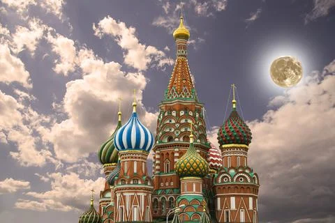 Temple of Basil the Blessed, Red Square, Moscow, Russia. With supermoon Stock Photos