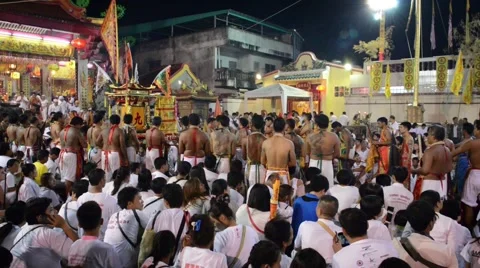Temple ceremony in Phuket Town during Vegetarian festival celebration. Stock Footage 56322111