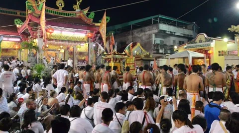 Temple ceremony in Phuket Town during Vegetarian festival celebration. Stock Footage 56323636