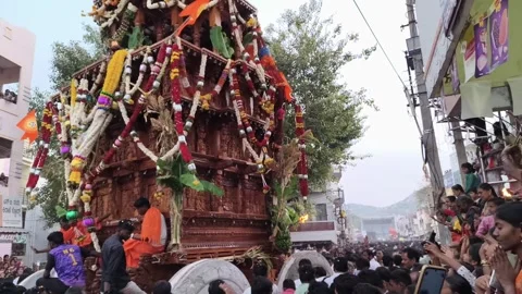 Temple Chariot Wheels Moving Through Dense Festival Crowd Stock Footage 330279527
