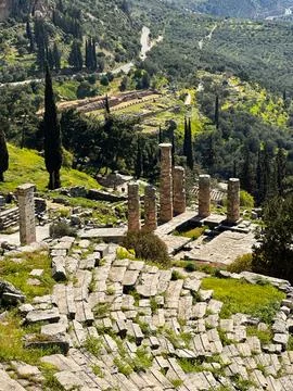 Temple Columns Overlooking the Valley at Delphi Stock Photos
