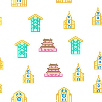 Temple Construction Vector Seamless Pattern Stock Illustration