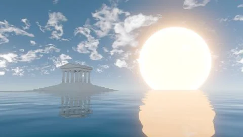 Temple of Dawn: A 3D Digital Masterpiece of a Majestic Temple Illuminated by  Illustrazione stock