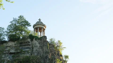 Temple de la Sibylle on Cliff with Copy Space and Sky at Parc des Buttes-Chaumon Stock Footage 338382994