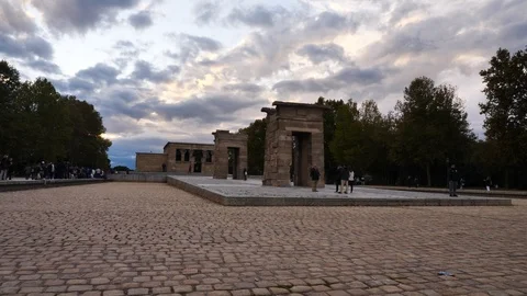 Temple of Debod ancient Egypt in Madrid clouds and sunset Stock Footage 120609017