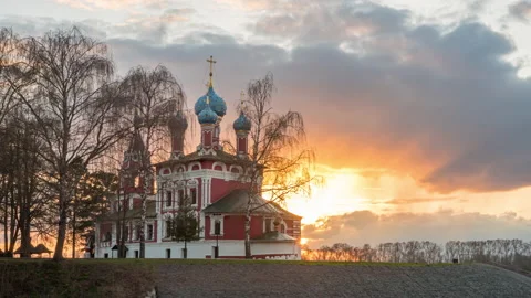 The temple of Dmitry on Blood at sunset. Uglich, Russia. Stock Footage 190849144
