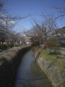 Temple eaves and the canal-side Philosopher's Path, Japan Stock Photos