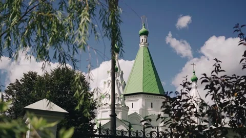 A temple with green domes can be seen behind the fence and tree branches Stock Footage 295890932