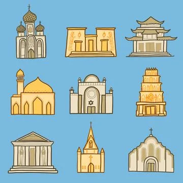 Temple icon set, hand drawn style Stock-Illustration