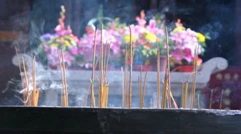 Temple incense burning altar close up view in a sunny day Stock Footage 14833469
