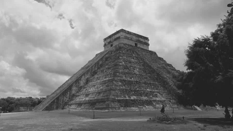 Temple of Kukulcan at Chichen Itza - Pan - Monochrome Stock Footage 157234260