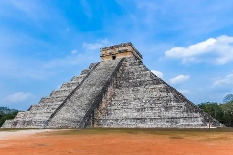 Temple of Kukulcan is a step pyramid at Chichen Itza complex Stock Photos