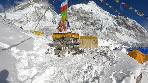 A Temple in the middle of the Himalayas Mountains. Stock Footage 201868661
