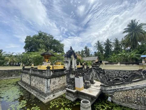 Temple in the middle of the pool. It is called Taman Dalem Ped Temple in Nusa Stock Photos