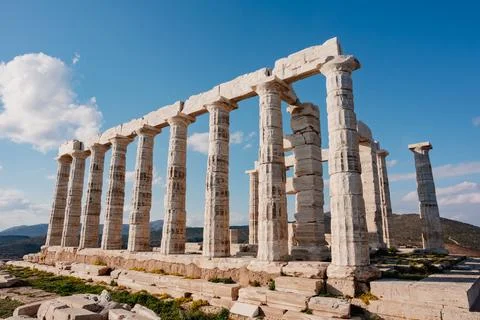 Temple of Poseidon Columns Facing the Aegean Sea Stock Photos