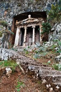 Temple ruins in cliff face, Fethiye, Turkey Stock Photos