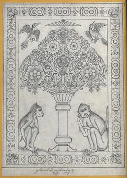 Temple sculpture: a tree with two monkeys and two birds surrounded by a dec.. Illustrazione stock