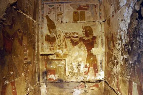 Temple of the Set of the First, Abydos, Egypt. Hieroglyphs, Egyptian art Stock Photos