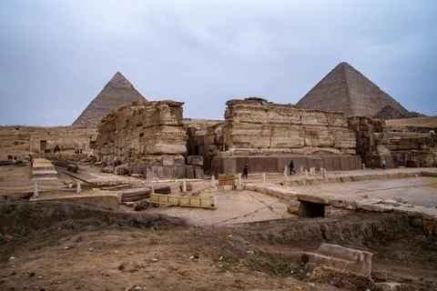 Temple of the Sphinx against the background of the pyramids of the pharaohs C Stock Photos