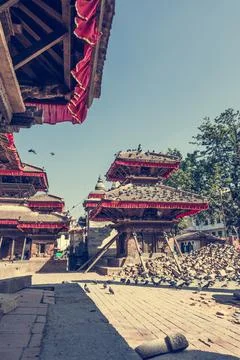 Temple supported by beams after powerful earthquake. Stock Photos