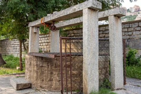 Temple well which is source of water for an ancient temple, Avani, Karnataka Stock Photos
