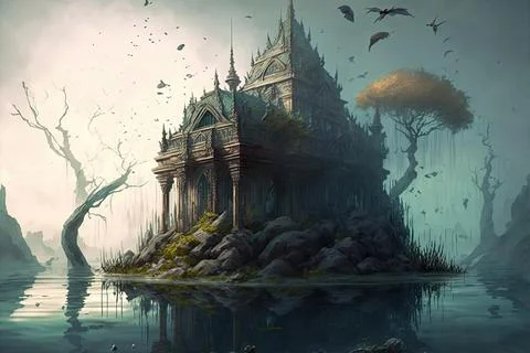 A Temple Within A Swamp Stock Illustration