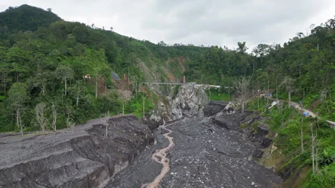 Temporary Bridge Due To Mount Semeru Lahar Flow In Java Indonesia Drone Rise 4K Video stock 335886370