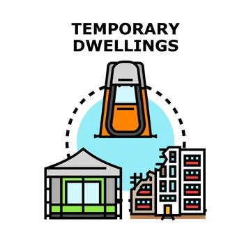 Temporary dwellings concept including tent and destroyed building Stock Illustration