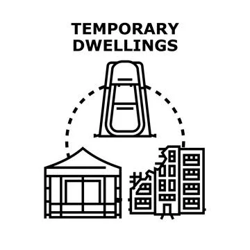 Temporary dwellings concept including tent and destroyed building Stock Illustration