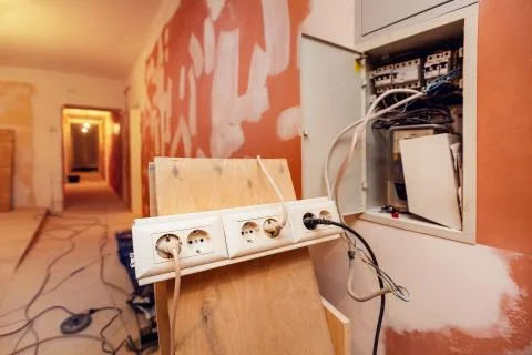 Temporary electrical outlets for constructions tools and gears is connected up Stock Photos