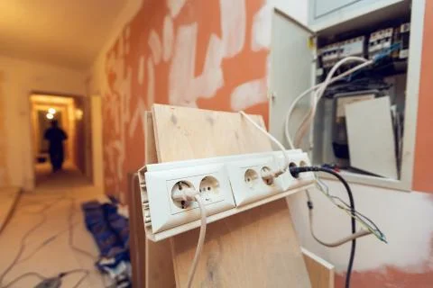 Temporary electrical outlets for constructions tools and gears is connected up Stock Photos