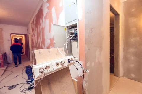 Temporary electrical outlets for constructions tools and gears is connected up Stock Photos