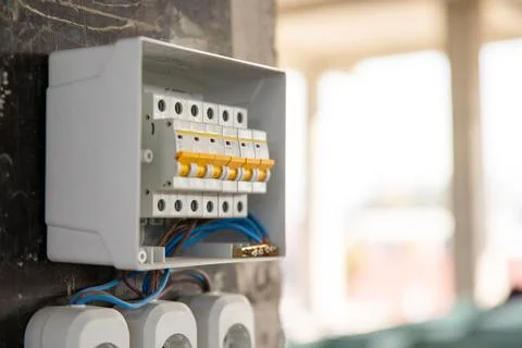 Temporary electrical panel with circuit breakers on a construction site Stock Photos