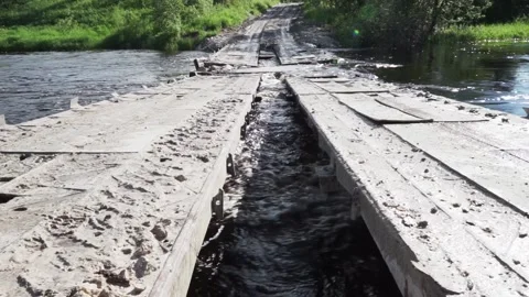 Temporary floating bridge on the river Stock Footage 145426720